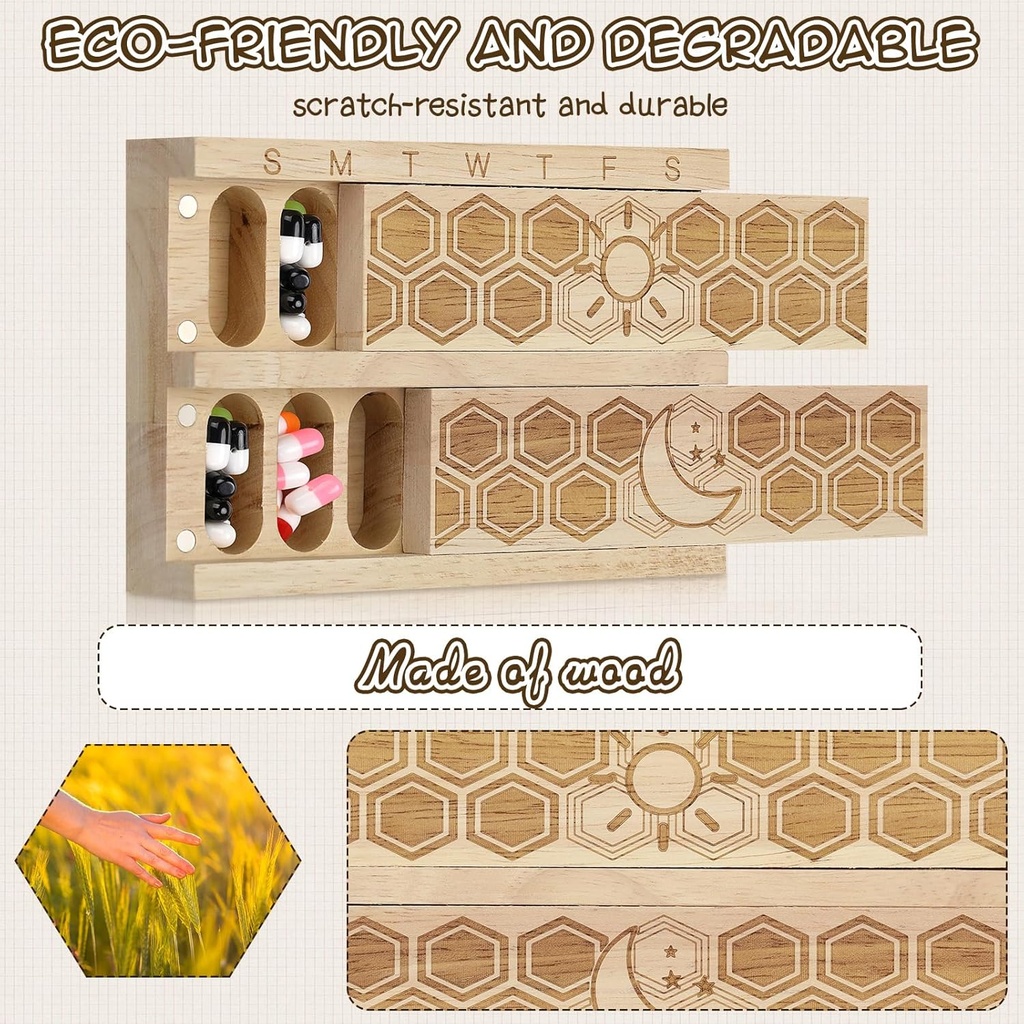 Chengu Wood 7 Day Weekly Pill Organizer Vitamin Dispenser Wooden Pill Case Container Box for Vitamin Fish Oil Pills Supplements, Arthritis Friendly, Outdoor Travel 6