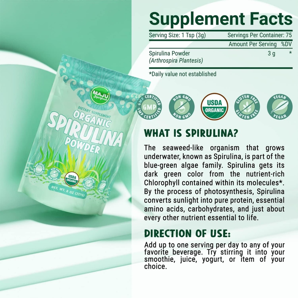 MAJU's Organic Spirulina Powder (2 Pound), Dark Rich Green, Non-Irradiated, Non-GMO, Vegan, Gluten-Free, Jumbo Size 6