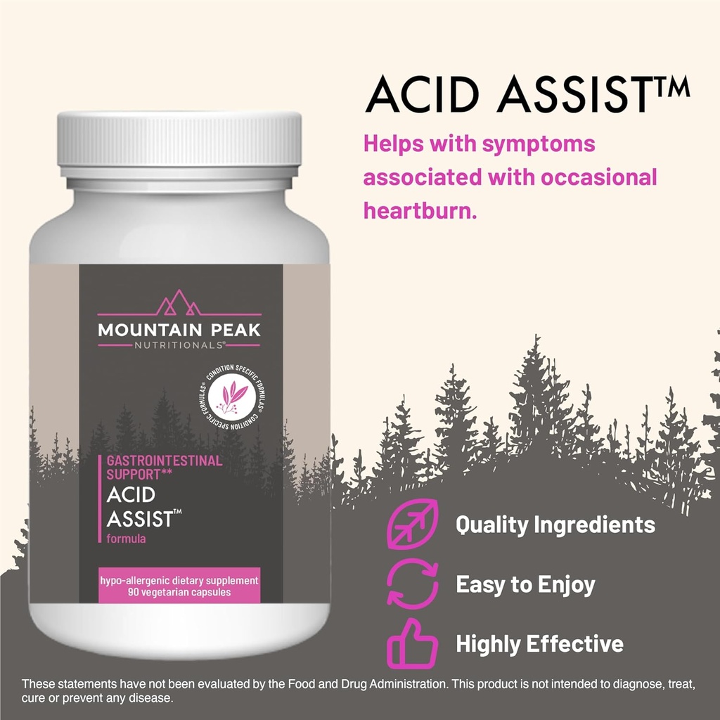 Mountain Peak Nutritionals Acid Assist Formula - Gastrointestinal Support Supplement - Helps with Symptoms of Occasional Heartburn & Stomach Acid - Hypoallergenic Dietary Supplement (90 Capsules) 3