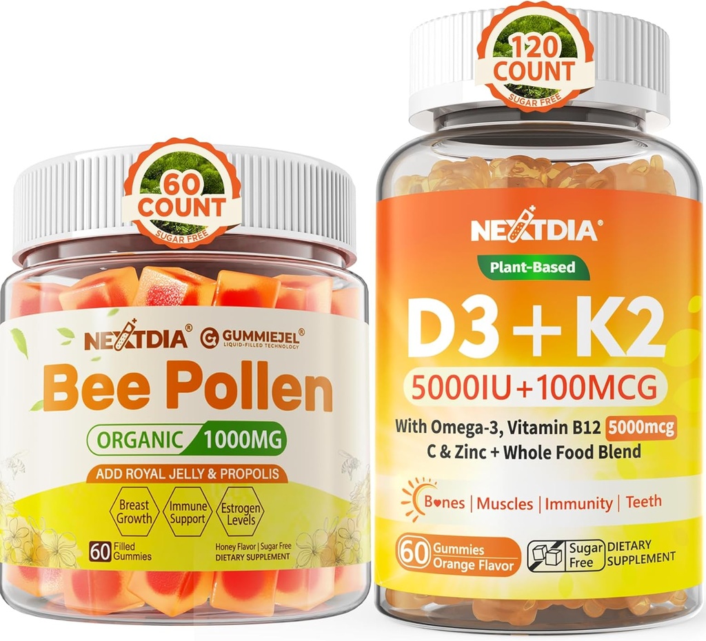 Bee Pollen for Breast Growth Organic 1000mg + Organic Plant D3 K2-5X Absorption Than Standard D3K2 2