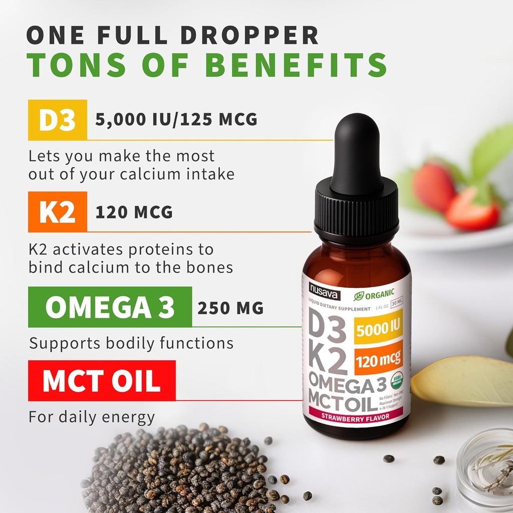 (2 Pack) Organic Vitamin D3 K2 Drops 5000 IU with MCT Oil Omega 3 - Maximum Strength Liquid D3 with No Fillers, Non-GMO for Faster Absorption, Immune Support (Strawberry, 2 Fl Oz) 5