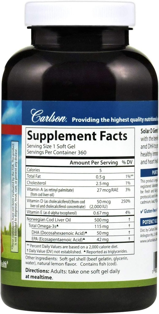 Carlson - Solar D Gems, Vitamin D3 and Omega-3 Supplement, 2000 IU Vitamin D3, 115 mg Omega-3s EPA and DHA, Vitamin D Fish Oil Capsule, Bone & Immune Health, Vitamin D Supplement, Lemon, 360 Softgels 3