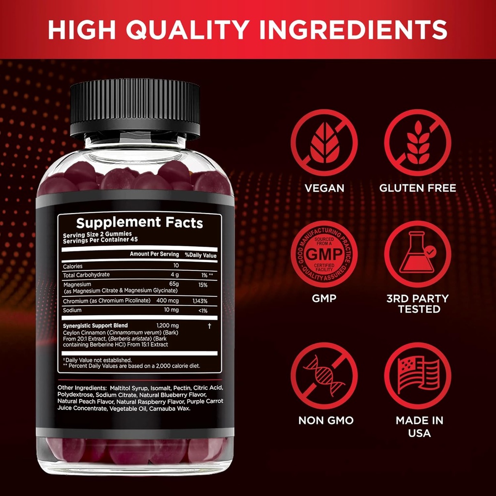 EFFECTIVE NUTRA Berberine Gummies with Ceylon Cinnamon | Sugar-Free Supplement 1200mg for Blood Sugar Support, Heart Health, Energy | 45-Day Supply, Natural Berry Flavor, Made in USA (90 Count) 5