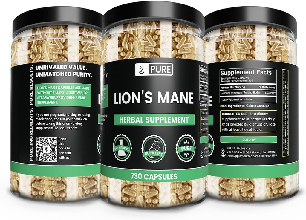 PURE ORIGINAL INGREDIENTS Lion's Mane (730 Capsules) No Magnesium or Rice Fillers, Always Pure, Lab Verified 5