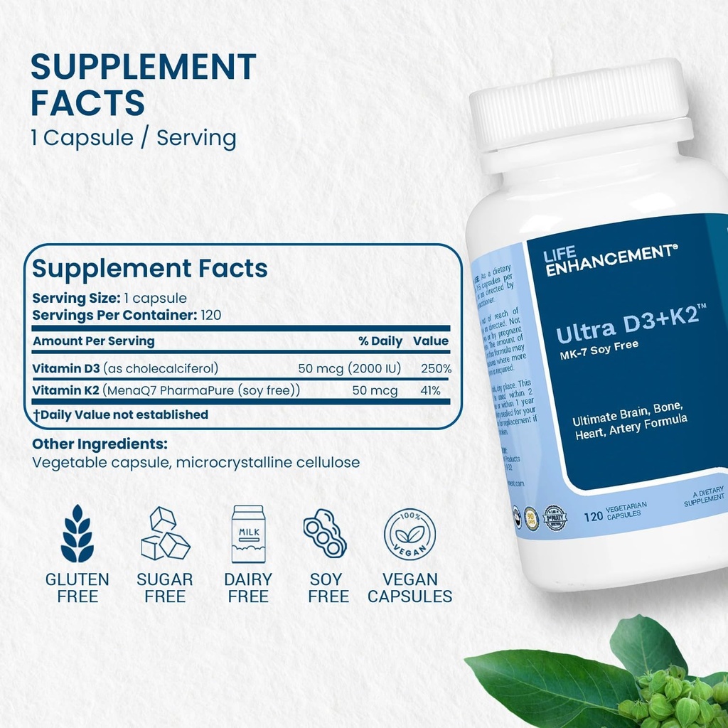 Life Enhancement Vitamin D3 K2 2000iu Supports Muscle & Brain Health - D3 K2 Supplement Helps in Immune and Cardiovascular Support - Made in USA (120 Vegetarian Capsules) 3