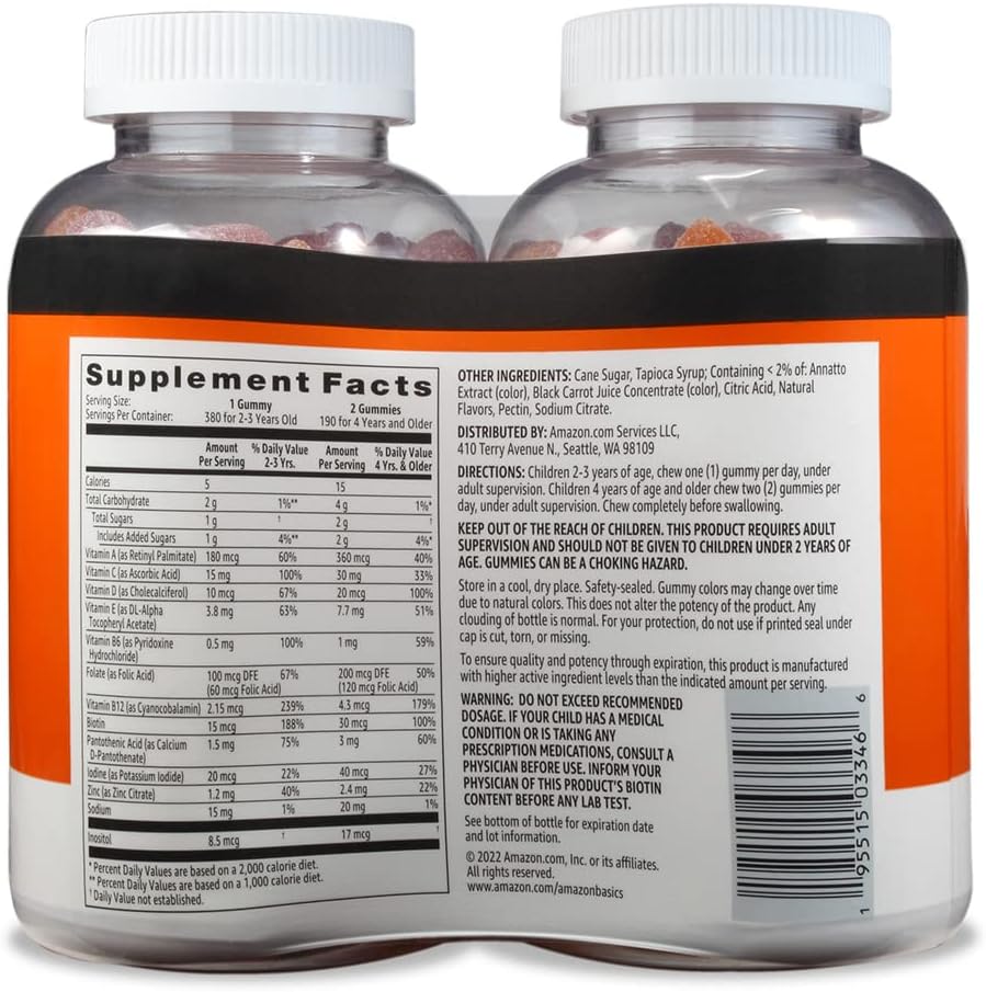 Basics Kids' Multivitamin Gummies, Cherry, Strawberry & Orange, 380 Count (2 Packs of 190) (2 per Serving) (Previously Solimo) 3