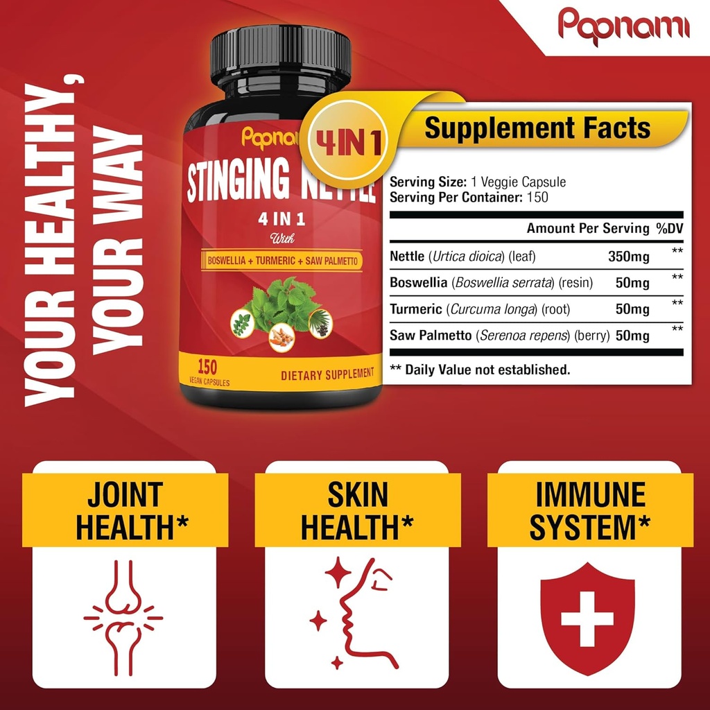 Stinging Nettle Extract Capsules - 4in1 Combined with Boswellia, Turmeric & Saw Palmetto - 150 Counts for 5 Months - Supports Joint, Body Management, Skin, Hair & Immunity 4