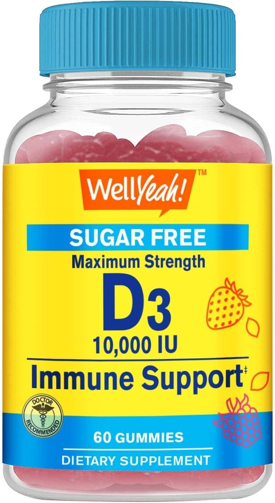 WellYeah Sugar Free Vitamin D3 10000 IU (250mcg) Extra Strength Gummies - Immune Booster, Bone and Teeth Support - Non GMO, Gluten Free, Nut Free, Vegetarian - Natural Sourced Flavors - 60 Gummies (1) 2