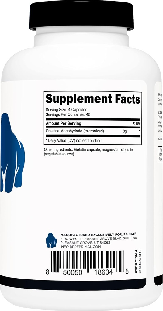 Primal Creatine Monohydrate (3,000 Mg, 180 Caps) - Micronized Creatine Supplement, 750mg Per Capsule, Great for Preworkout and Recovery - Gluten-Free, Non-GMO 5