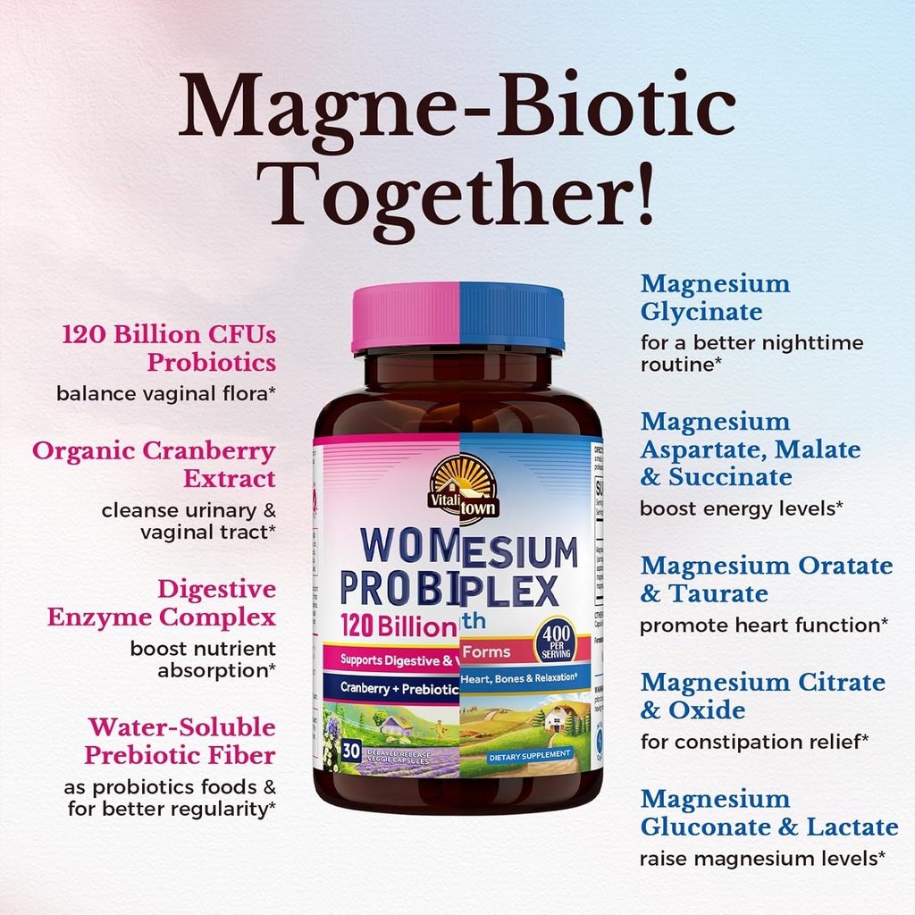 Vitalitown Magnesium + Probiotic Bundle (Pack of 2) | 10-in-1 Magnesium Complex & Women’s Probiotics 120 Billion CFUs | 90 Magnesium Caps & 30 Probiotic Caps 4