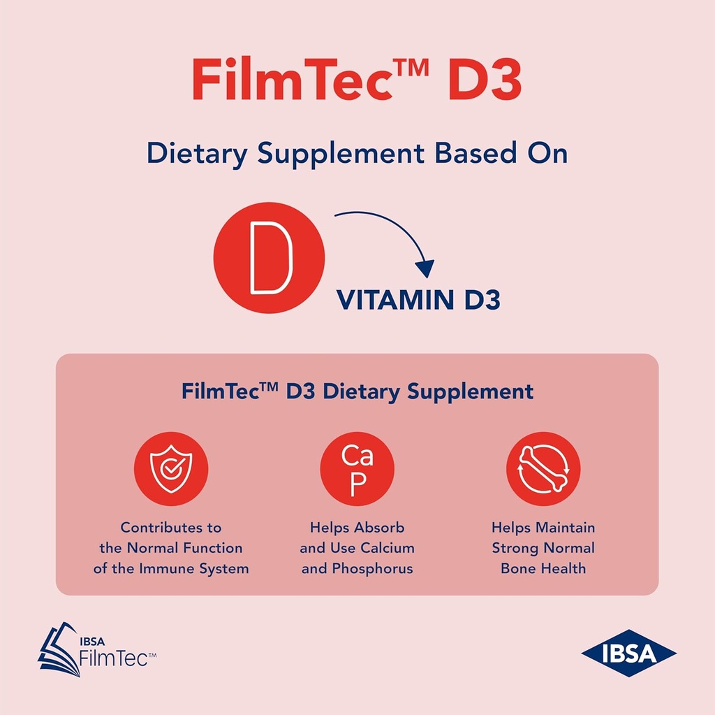 Ibsa FilmTec D3 - Dietary Supplement – 2000 IU Vitamin D3-30 Oral Dissolving Films for Immediate Release and Tolerability - Gluten-Free, Lactose-Free, Sugar-Free, Non-GMO 5
