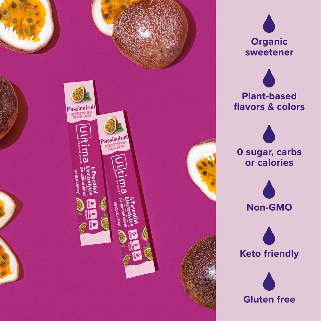 Ultima Replenisher Daily Electrolyte Powder Drink Mix – Sugar Free – Passionfruit, 20 Stickpacks – Hydration Packets with 6 Electrolytes and Trace Minerals – Keto Friendly, Non-GMO 5