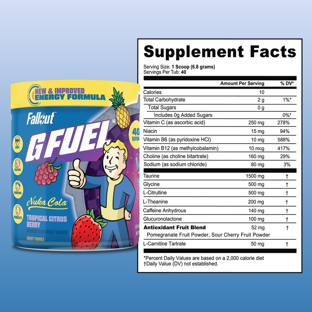 G Fuel Nuka Cola Energy Powder, Sugar Free, Clean Caffeine Focus Supplement, Water Mix, Tropical Citrus Berry Flavor, Focus Amino, Vitamin + Antioxidants Blend - 9.8 oz (40 Servings) 3