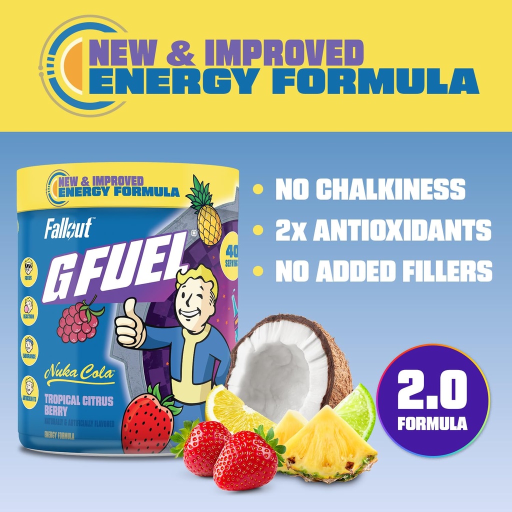 G Fuel Nuka Cola Energy Powder, Sugar Free, Clean Caffeine Focus Supplement, Water Mix, Tropical Citrus Berry Flavor, Focus Amino, Vitamin + Antioxidants Blend - 9.8 oz (40 Servings) 4