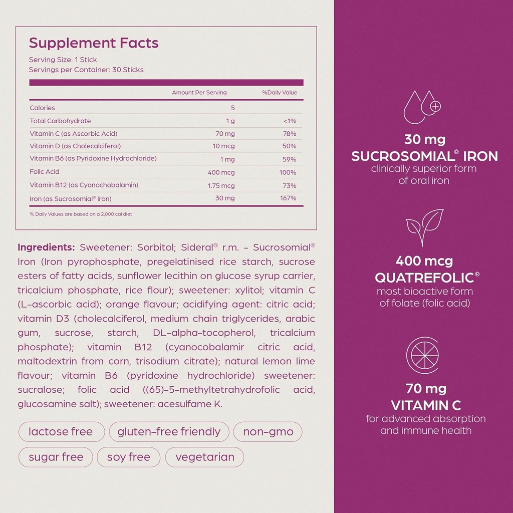SiderAL Prenatal Vitamins for Women | Clinically Proven Iron Supplement for Women with Folic Acid, Vitamin C, D, B6, & B12 | Trusted Multivitamin for Pregnancy & Energy Support | 30 Powder Sticks 6