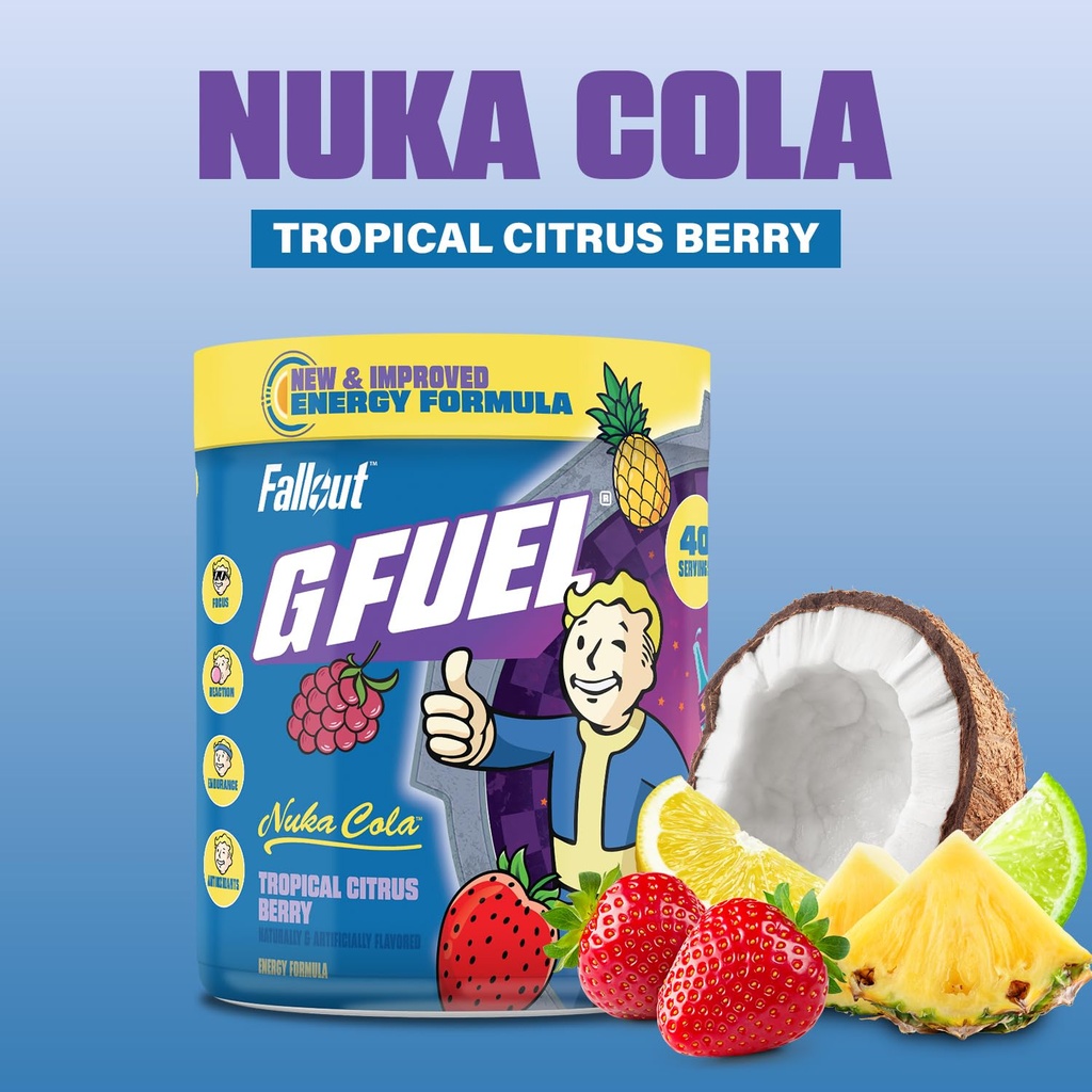 G Fuel Nuka Cola Energy Powder, Sugar Free, Clean Caffeine Focus Supplement, Water Mix, Tropical Citrus Berry Flavor, Focus Amino, Vitamin + Antioxidants Blend - 9.8 oz (40 Servings) 6