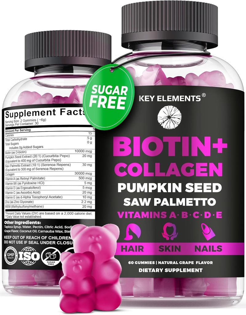 Hair Skin and Nails 10000mcg Gummies & Collagen Gummies - Biotin Vitamins for Hair Growth Pumpkin Seed Oil, Saw Palmetto Extract & Vitamins A B6 C D E - Biotin and Collagen Supplements 2