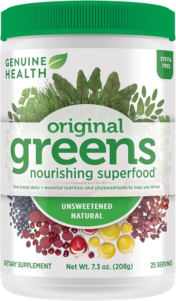 Genuine Health Greens+ Original Superfood Powder - Unsweetened Natural - Stevia Free - Chlorophyll Rich Ingredients, Spirulina, Milk Thistle, Antioxidants -Dairy Free -208g-25 Servings 2