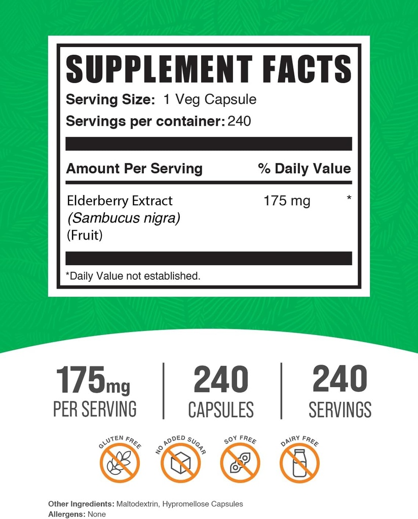 BulkSupplements.com Elderberry Capsules - Sambucus Elderberry Supplements, for Immune Support - Vegan, 1 Capsule per Serving, 240 Veg Capsules (Pack of 1) 3