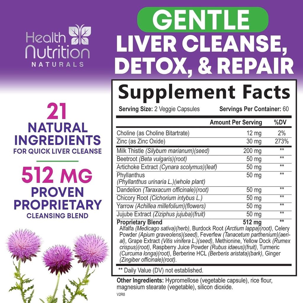 Gentle Liver Cleanse Detox & Repair Formula - Advanced Liver Support Supplement with Silymarin Milk Thistle, Dandelion Root, Artichoke Extract, Turmeric, Choline, & Beetroot - 120 Veggie Capsules 3