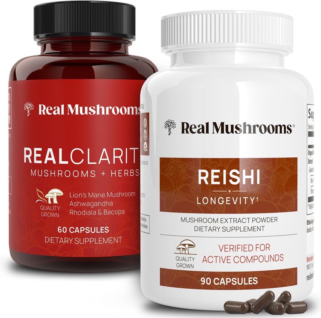 Real Mushrooms RealClarity (60ct) and Reishi (90ct) Capsules Bundle - Mushroom Supplement for Mental Clarity, Focus, Relaxation, Sleep & Longevity - Vegan, Non-GMO, Verified Levels of Beta-Glucans 2