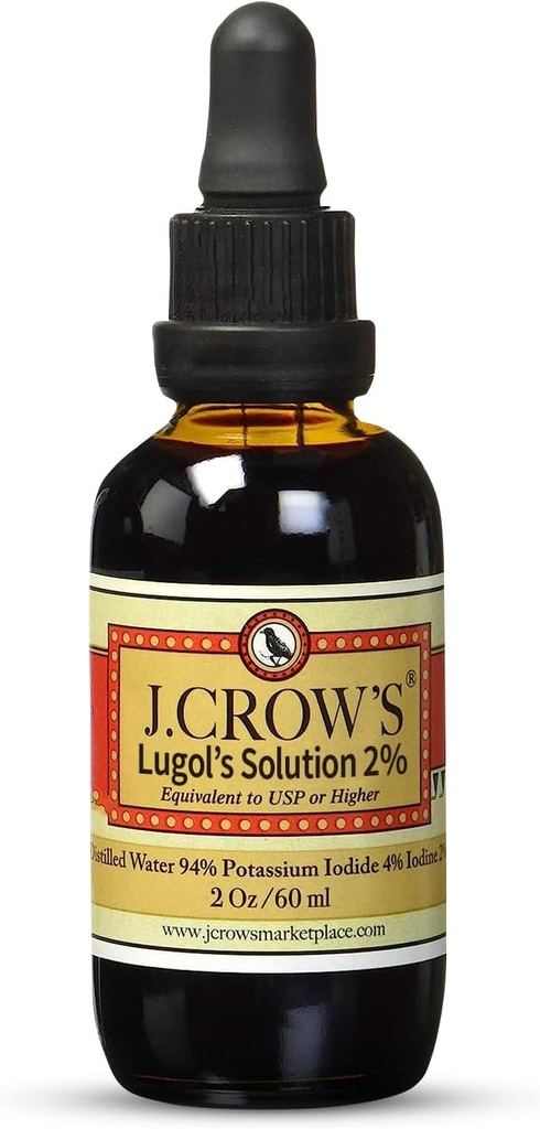 J.CROW'S® Lugol's Solution of Iodine 2% 2 oz (1 Bottle) – Premium Iodine & Potassium Iodide Liquid, Gluten &, Alcohol-Free Natural Brine Extract, No Expiration 2