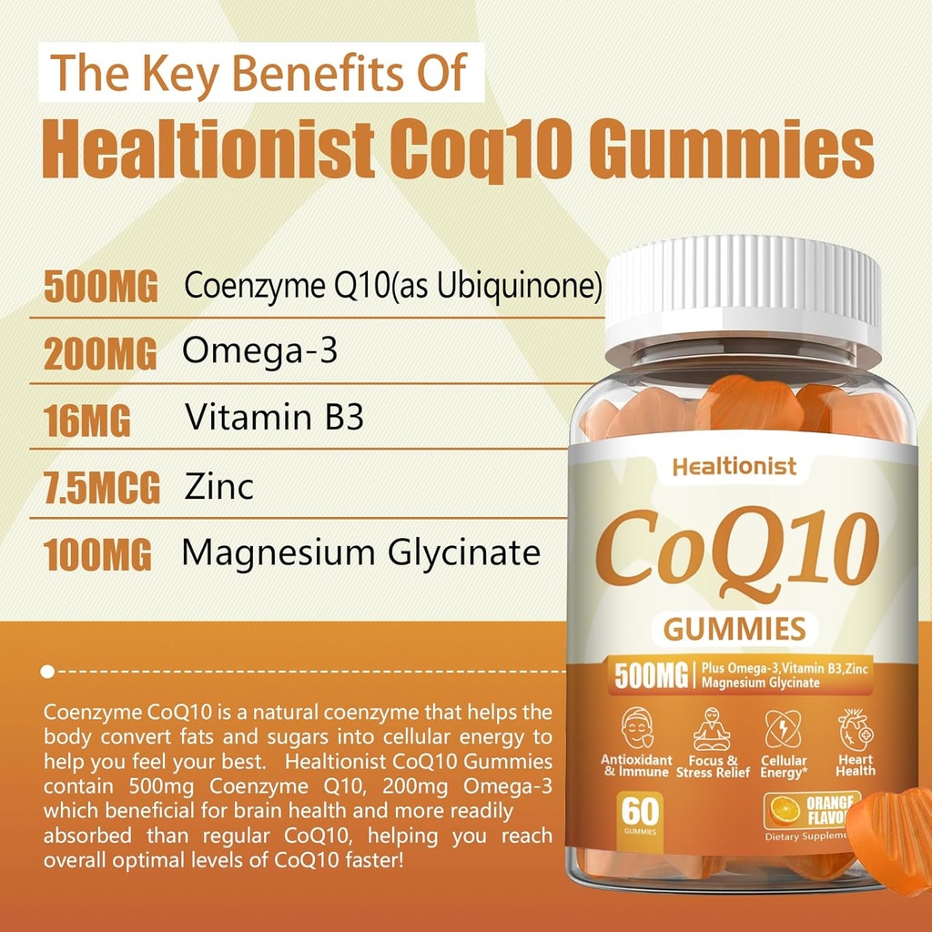 2 Pack 500MG Coq10 Gummies - 3X Better Absorption, Plus Omega-3, Magnesium, Vitamin B3 & Zinc - Coenzyme Q10 Supplements for Heart Health, Cellular Energy & Antioxidant, Vegan, 120 Counts 4