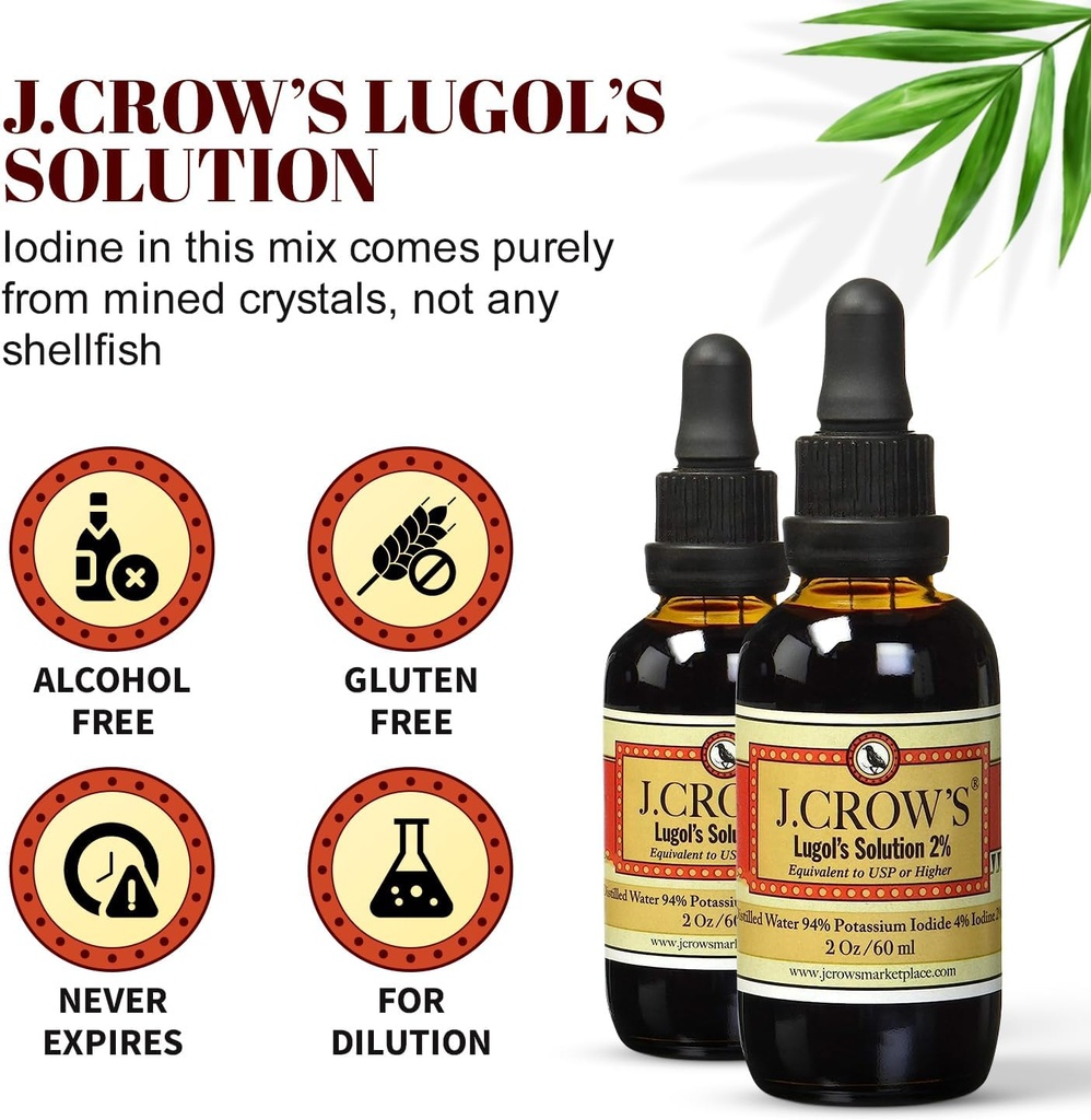 J.CROW'S® Lugol's Solution of Iodine 2% 2 oz (1 Bottle) – Premium Iodine & Potassium Iodide Liquid, Gluten &, Alcohol-Free Natural Brine Extract, No Expiration 5