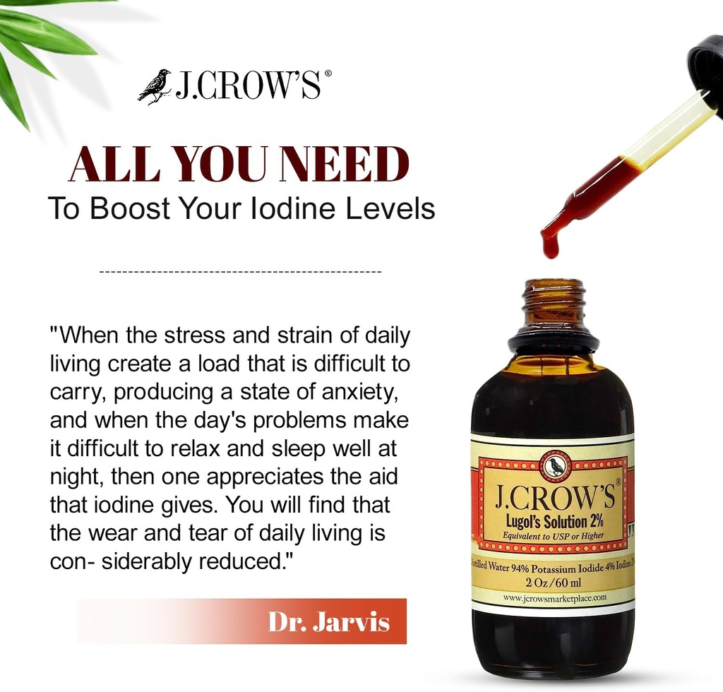 J.CROW'S® Lugol's Solution of Iodine 2% 2 oz (1 Bottle) – Premium Iodine & Potassium Iodide Liquid, Gluten &, Alcohol-Free Natural Brine Extract, No Expiration 6