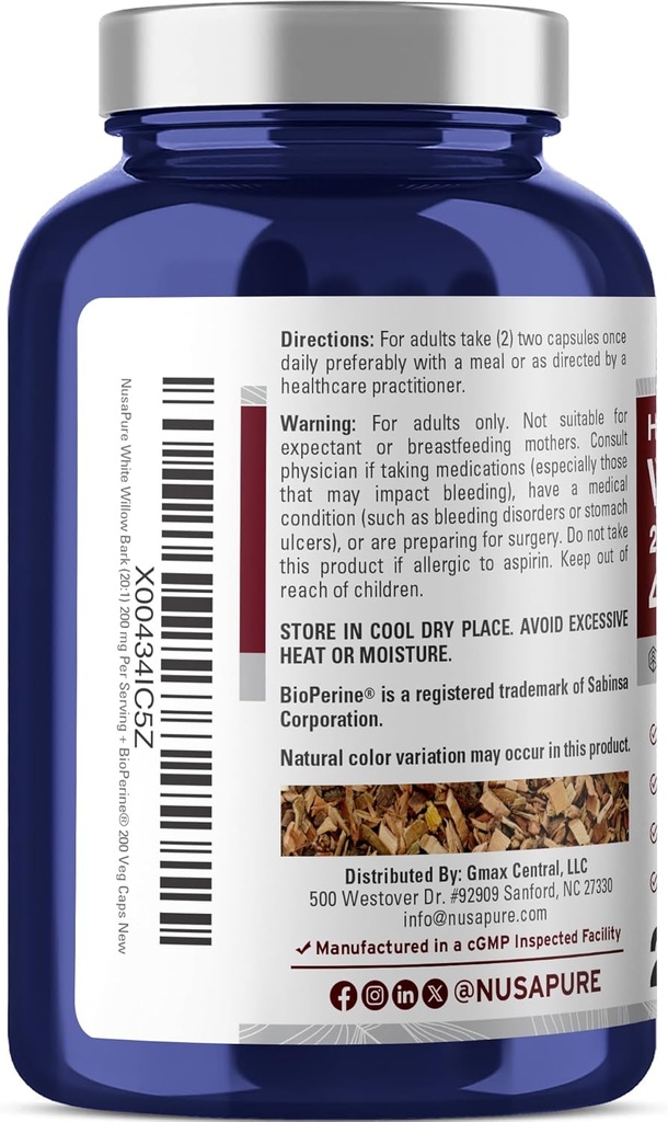 NusaPure White Willow Bark 20:1 Extract, 200 mg Equivalent to 4000mg, 200 Veggie Capsules, Max Strength, (Non-GMO, Vegan) 4