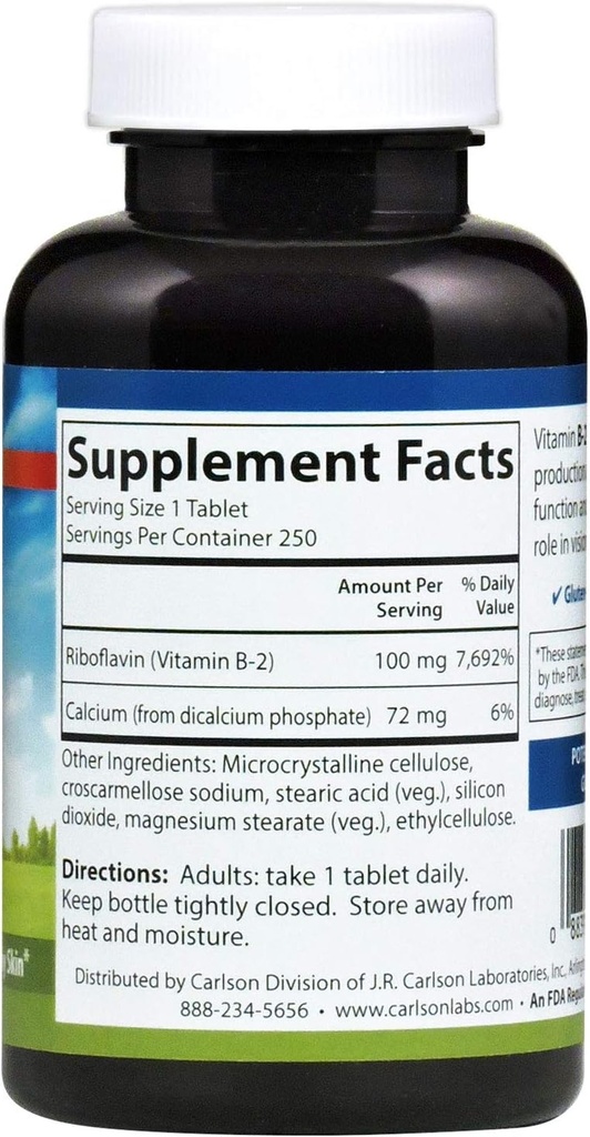 Carlson - B-2, 100 mg Riboflavin, Energy Production, Vision Support & Healthy Skin, 250 Vegetarian Tablets 3