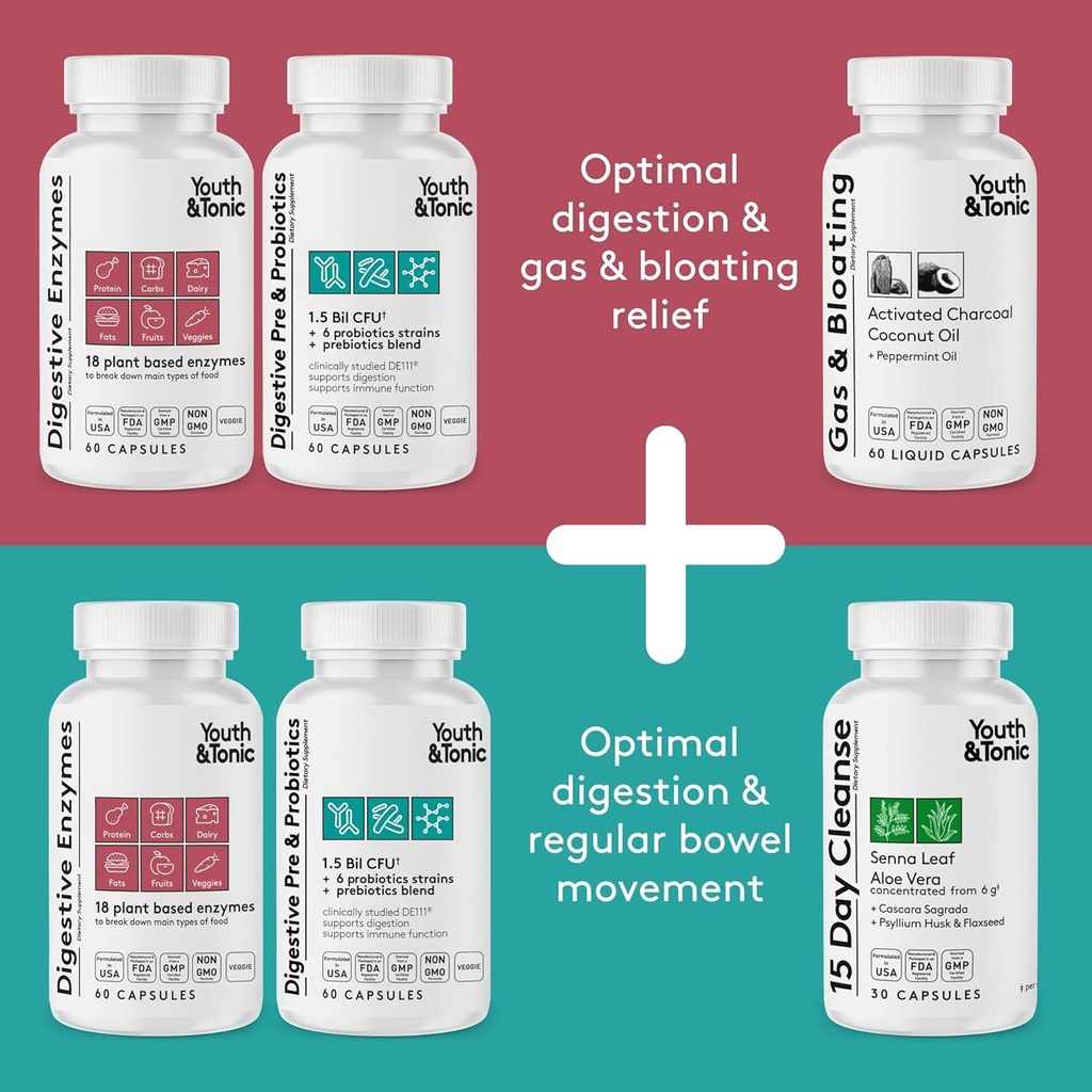 Youth & Tonic Digestive Enzymes with Amylase Bromelain Lipase Lactase Protease Papain - Advanced Digestion Plant Enzymes for Food Breakdown Gas Bloating Gut Health - Women & Men - 60 Vegetable Pills 6