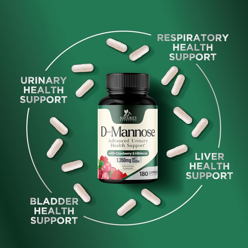 D-Mannose Supplement 1,350 mg with Cranberry & Hibiscus - Effective Fast-Acting, Flush the Impurities for Natural Bladder, Urinary Tract Health Support, for Women and Men, Non-GMO, Vegan, 180 Capsules 6
