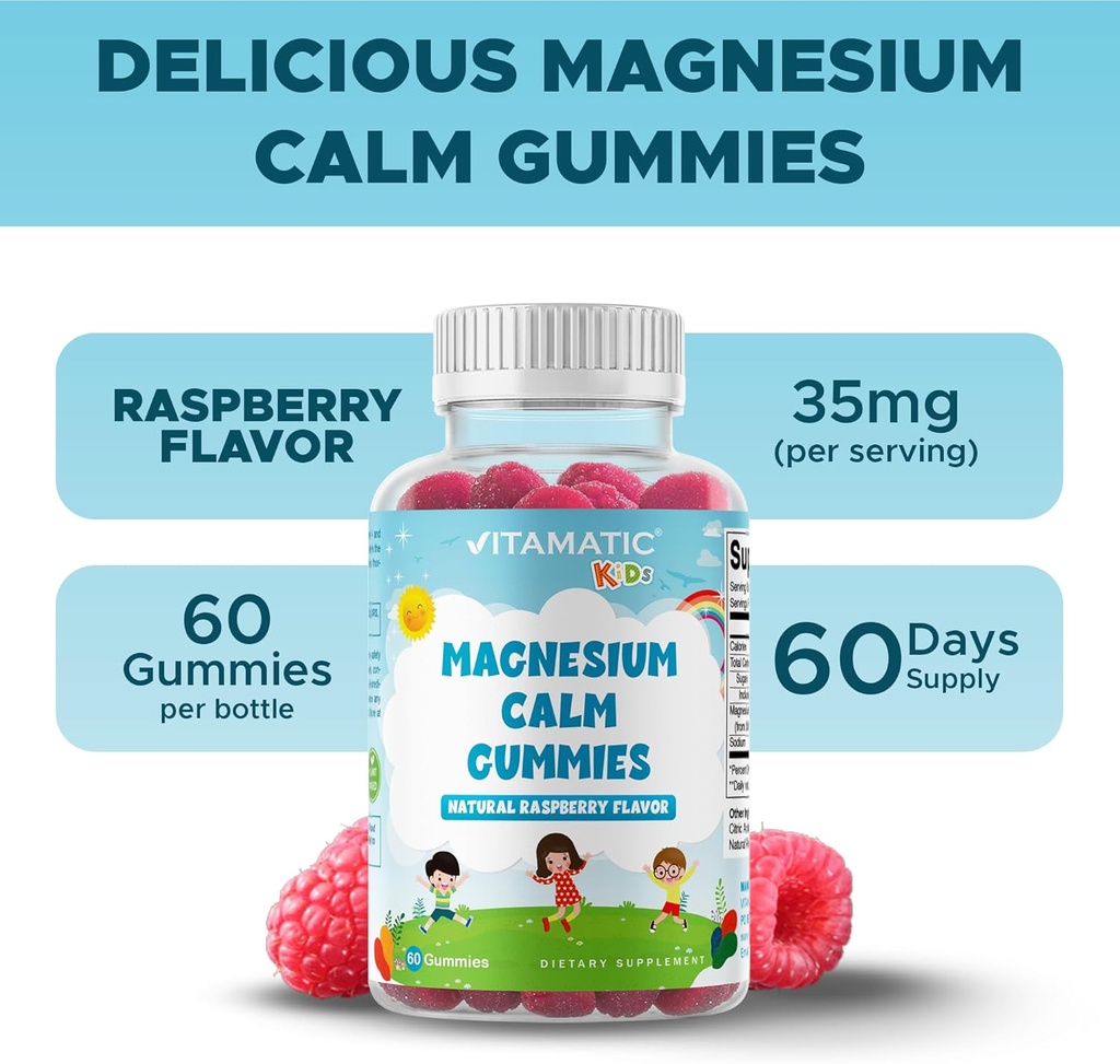 Vitamatic Kids Magnesium Calm Gummies - 60 Vegan Count - Great Tasting - Promote Healthy, Muscle, Bone, & Energy Support 5