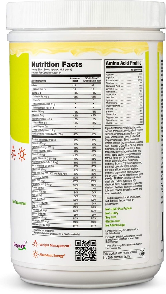 NatureMax BoostTM Pea Protein Powder - Diet Supplement Meal Replacement - 20g Protein Per Serving - Natural Vanilla Flavor - Kosher Vitamin - 1lb 3