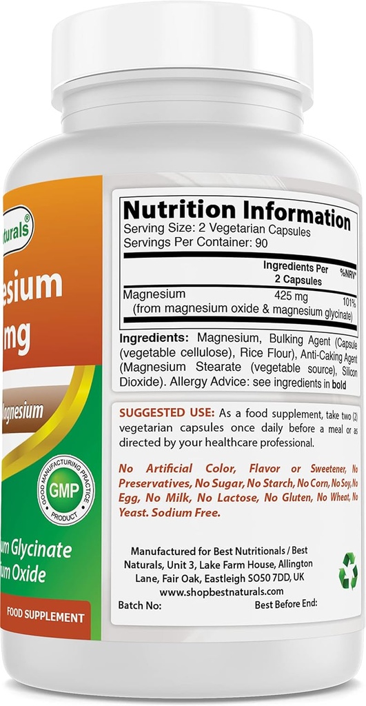 Best Naturals Magnesium 425 mg 180 Veggie Capsules - High Absorption Magnesium Glycinate & Magnesium Oxide Chelated, Non-GMO, Gluten Free Muscle Relax (180 Count (Pack of 1)) 3