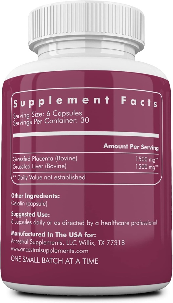 Ancestral Supplements Grass Fed Placenta Supplement with Liver, Contains Postpartum Vitamins for Women Breastfeeding, Promotes Menopause Relief, Stem Cells Support Skin Elasticity, 180 Capsules 3