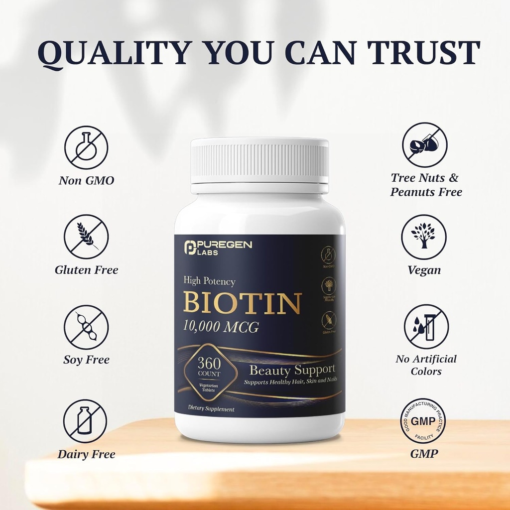 Puregen Labs Biotin 10,000 MCG Supports Healthy Hair, Skin & Nails - High Potency Beauty Support - Non-GMO, Gluten Free | 360 Vegetarian Tablets 6