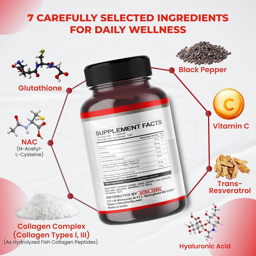Glutathione Supplement Active Reduced Form, Enriched with Resveratrol, NAC, Collagen, Hyaluronic Acid, Vitamin C - Advanced Antioxidant for Immunity & Detox | 150 Capsules 5