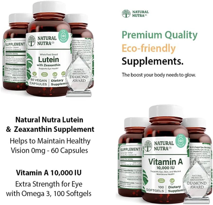 Natural Nutra Lutein and Zeaxanthin Supplement Soy Free, 20mg - 60 Capsules and Vitamin A 10,000 IU, Helps to Maintain Healthy Vision with Omega 3, 100 Gluten Free Softgels 2