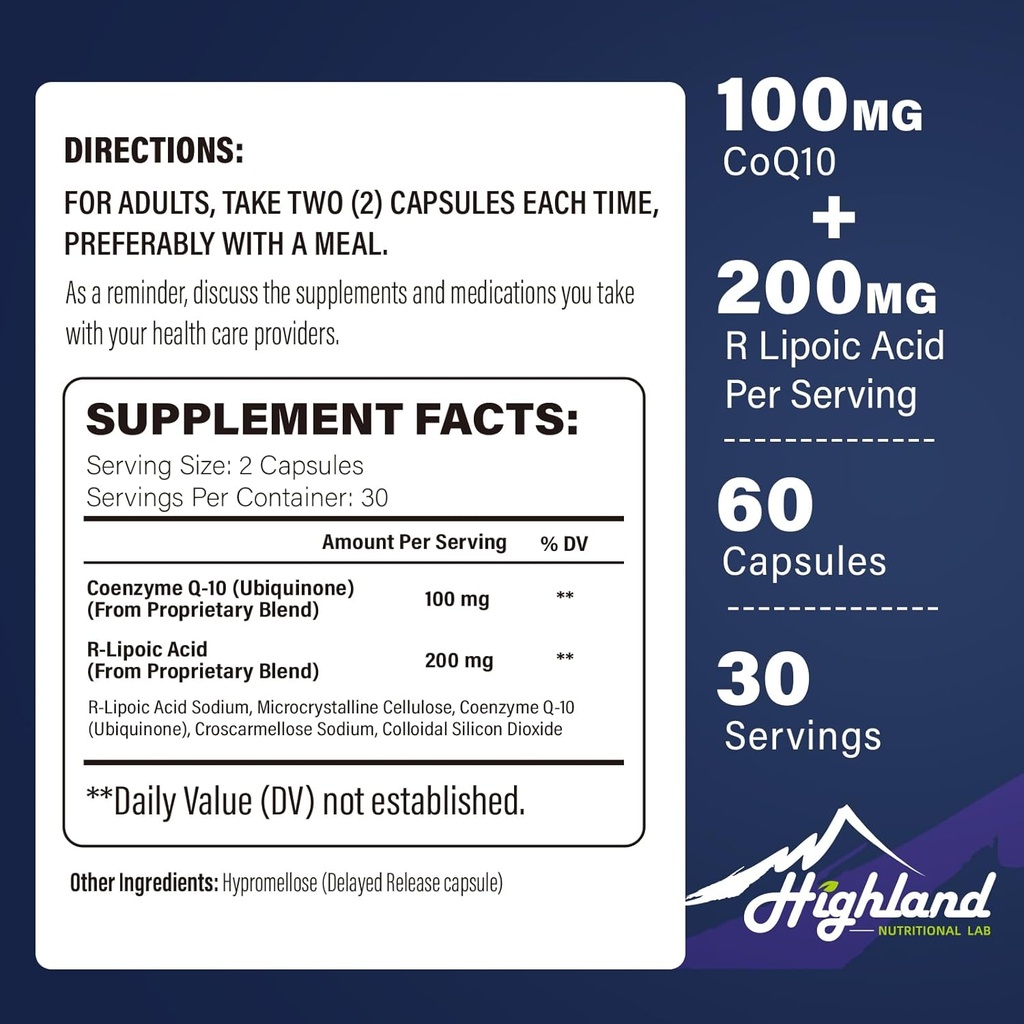 CoQ10 100 mg + R-Lipoic Acid 200 mg hizmet başına 200 mg, 1 Ay Supply, Up to 5X Improv Abors, R-Lipoic Acid/CoQ10 Supplement for Heart Health and Cognitive Health-60 Capsules