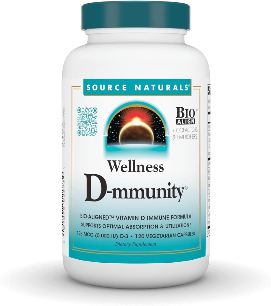 Source Naturals Wellness D-mmunity, Bio-Aligned Vitamin D Immune Formula, Supports Optimal Abxia and Utilization* - 120 Vegetarian Capsules
