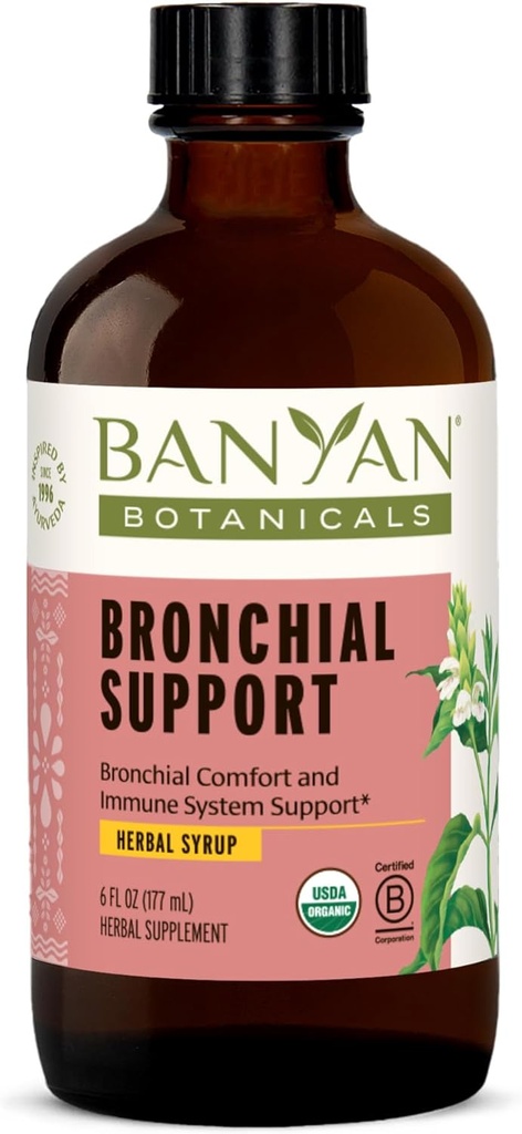 Banyan Botanicals Bronchial Support – Βιολογικό Φυτικό Σιρόπι για Παιδιά & Ενήλικες – Καταπραϋντική φόρμουλα αναπνευστικής υποστήριξης με Ρίζα Λικέρης & Τζίντζερ* – 6oz. – Μη ΓΤΟ Αειφόρα που προέρχεται από χορτοφάγους