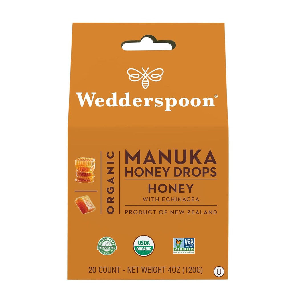 Wedderspoon Organik Manuka Honey Drops, Honey & Echinacea, 20 Kont ( 1) | Gerçek Yeni Zelanda Honey | Mükemmel Remedy For Kuru Throats