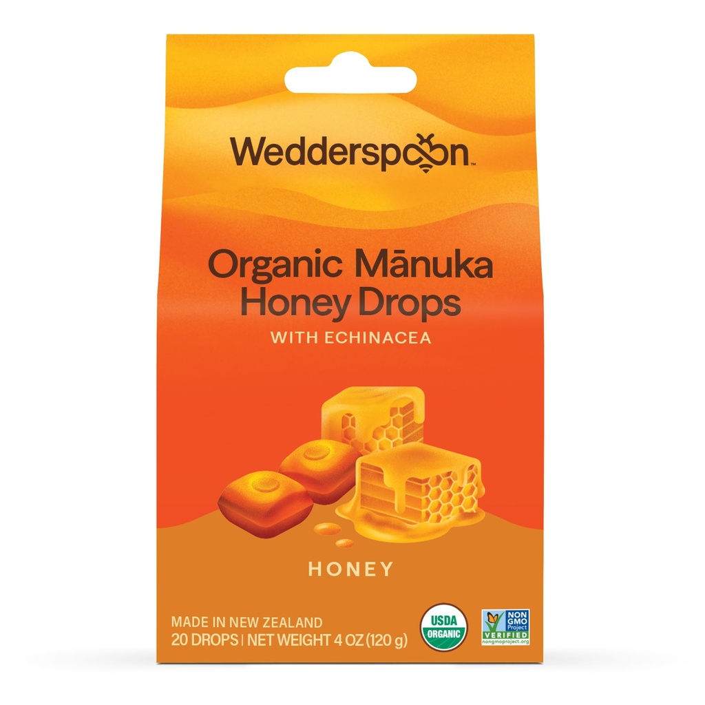 Wedderspoon Organik Manuka Honey Drops, Honey & Echinacea, 20 Kont ( 1) | Gerçek Yeni Zelanda Honey | Mükemmel Remedy For Kuru Throats