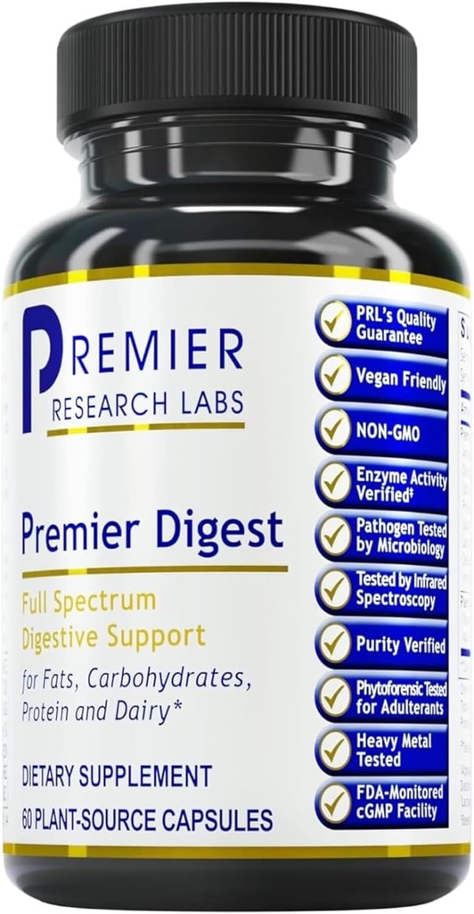 Premier Araştırma Laboratuvarları Probiyotik ve Prebiyotiklerle Aktif Enzimleri - Full-Spectrum Digestive Support - Amylase, Protease & Lipase, 60 Plant- Sourced Capsules