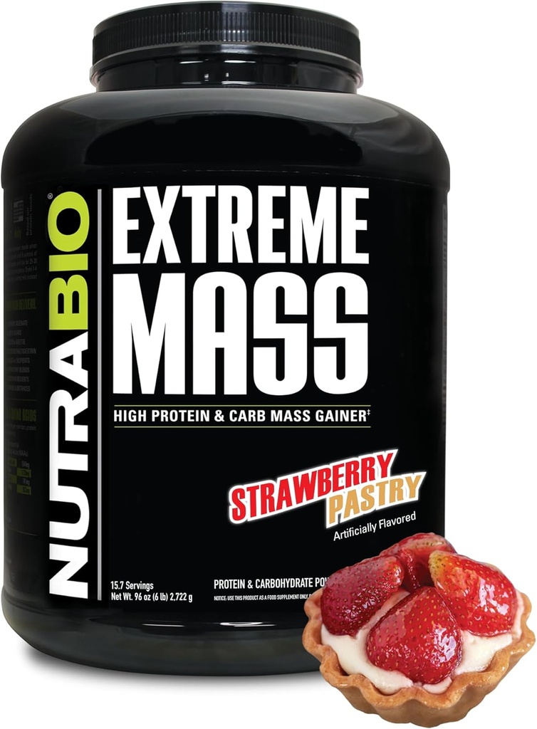 NutraBio Extreme Mass Gainer Protein Powder, 53G Protein, Καθαρό Βάρος Κερδιστής, Αύξηση της μυϊκής μάζας, Full Spectrum Amino Acid - Φράουλα Ζαχαροπλαστική, 6 Λίρες