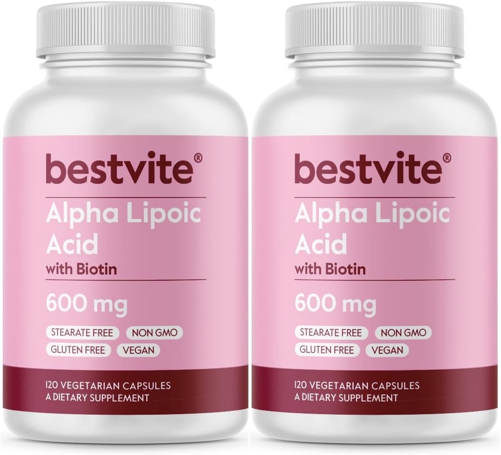 Alfa Lipoic Acid 600 mg (per Capsule) ile Biotin'yi geliştirmek için Biotin (240 Vegetarian Capsules) (2 x 120) No Fillers - No Stearates - No Flow Agents
