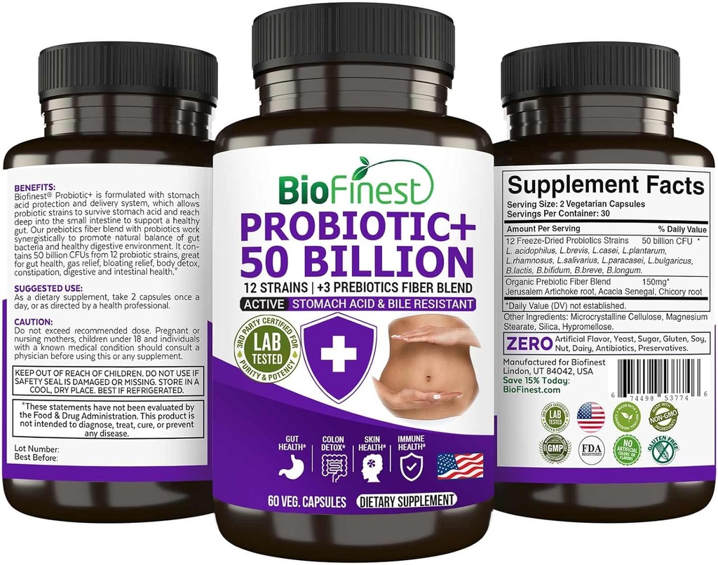 BioFinest Probiyotik 50 Milyar CFU Enzyme Supplement - 12 Probiyotiks Strains with 3 Natural Prebiyotiks - Gut Digestion Detox Gas Bloating Constipation - Acidofilius for Men Women (60 Veg. caps)