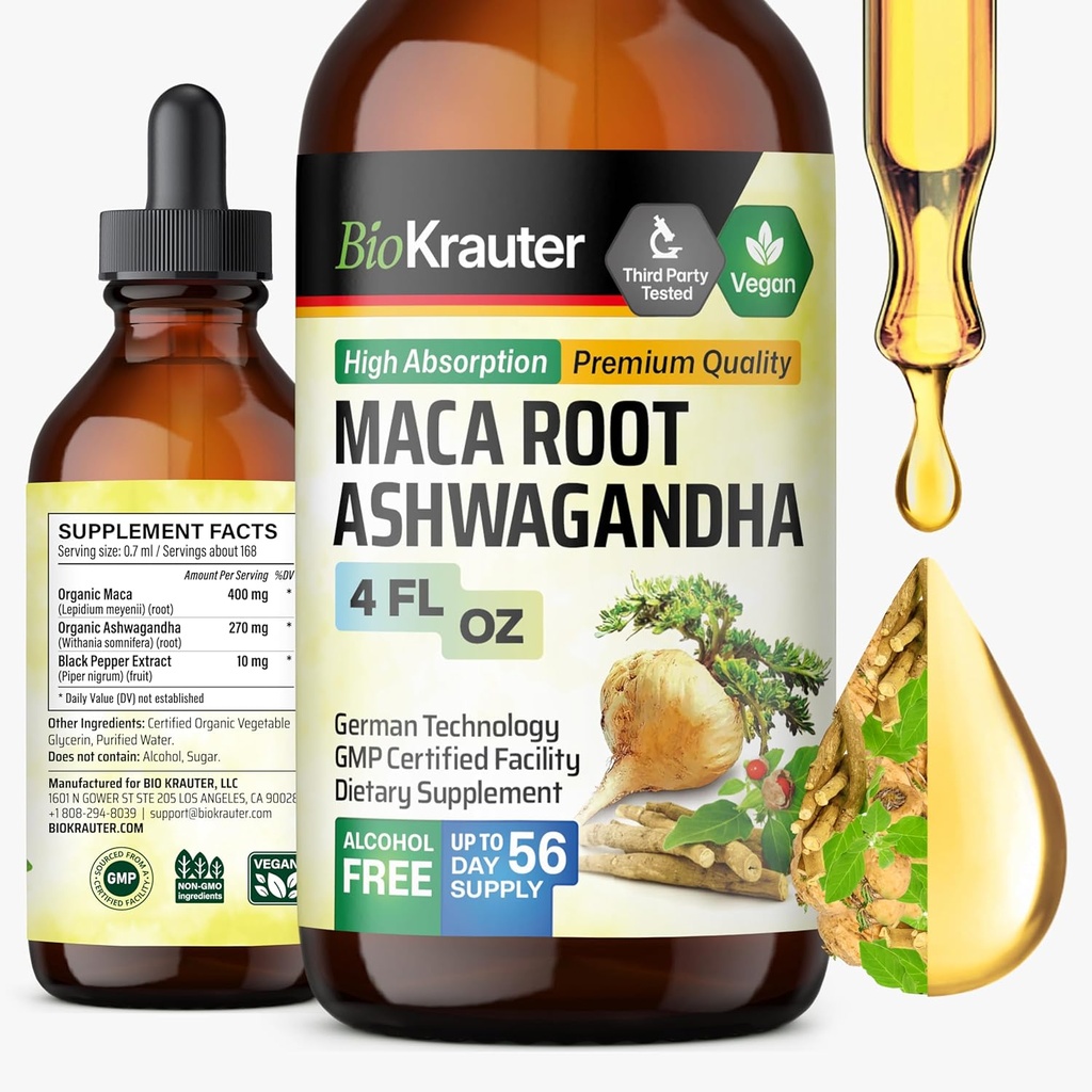 BIO KRAUTER Maca Root and Ashwagandha Tincture - Maca & Ashwagandha Supplements for Men & Women - Mood Support - Alkol ve Şeker Ücretsiz Vegan 4 Fl.Oz.